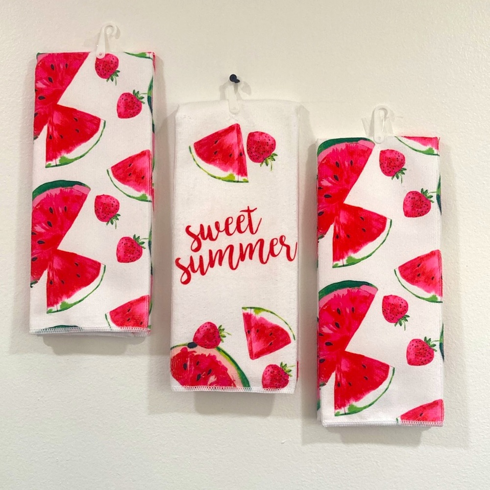 NWT- Set of 3- Strawberry 🍓& Watermelon 🍉- Hello Summer- Pink- Kitchen Towels